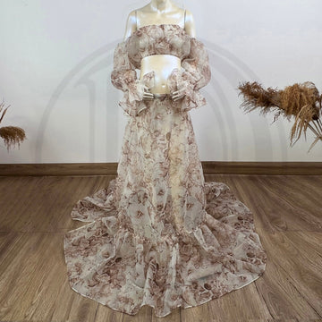 Mqtime A Suit Smoothy Organza Maternity Photography Dress Puff Sleeves Floral Gown Pregnant Photo Shoot Woman Clothes Party Costume